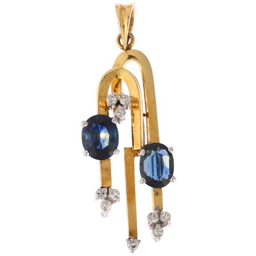 1236 - A modernist 18ct two-colour gold sapphire and diamond drop pendant, claw set with oval mixed-cut sap... 