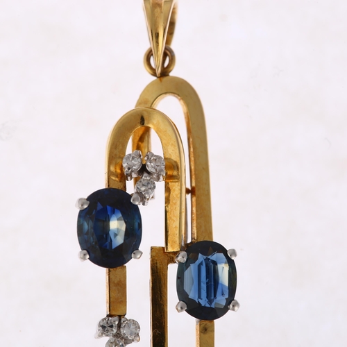 1236 - A modernist 18ct two-colour gold sapphire and diamond drop pendant, claw set with oval mixed-cut sap... 