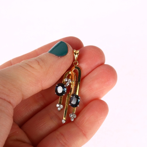 1236 - A modernist 18ct two-colour gold sapphire and diamond drop pendant, claw set with oval mixed-cut sap... 