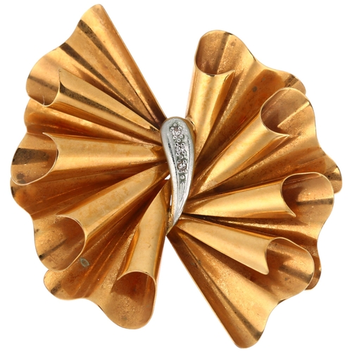 1237 - A 1970s 9ct two-colour gold diamond fold brooch, by Zales, 48.2mm, 6.2g