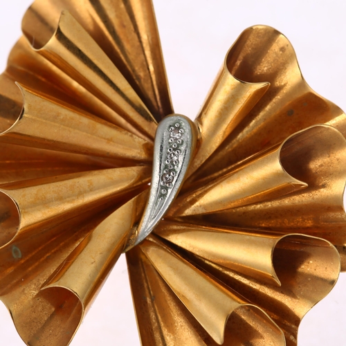 1237 - A 1970s 9ct two-colour gold diamond fold brooch, by Zales, 48.2mm, 6.2g