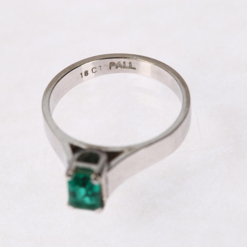 1238 - An 18ct white gold solitaire emerald ring, maker BEV, palladium-topped, claw set with 0.5ct octagona... 