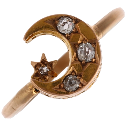 1239 - A Victorian diamond crescent moon and star ring, unmarked gold settings with old-cut diamonds, total... 