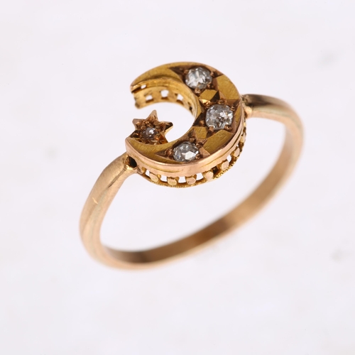 1239 - A Victorian diamond crescent moon and star ring, unmarked gold settings with old-cut diamonds, total... 