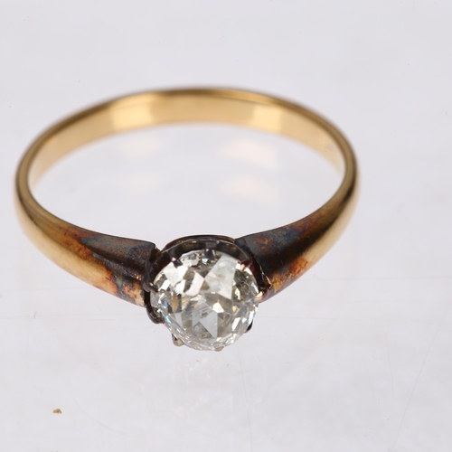 1240 - A 1ct solitaire diamond ring, unmarked gold settings, claw set with old mine-cut diamond, diamond we... 