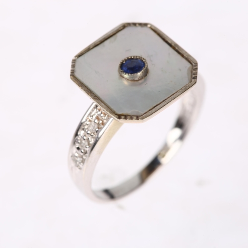 1241 - An Art Deco 9ct white gold sapphire mother-of-pearl and diamond panel ring, with later shank, settin... 