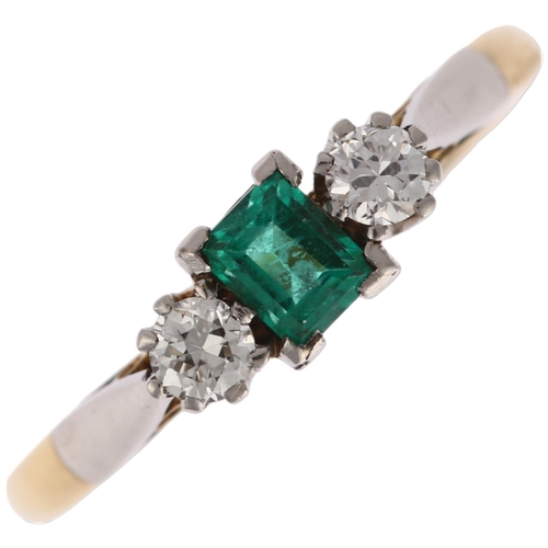 1242 - An 18ct gold three stone emerald and diamond ring, set with 0.25ct rectangular step-cut emerald flan... 