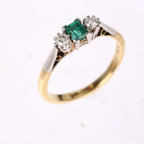 1242 - An 18ct gold three stone emerald and diamond ring, set with 0.25ct rectangular step-cut emerald flan... 