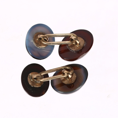 1243 - A pair of banded agate and split pearl oval cufflinks, unmarked yellow metal fittings with oval cabo... 