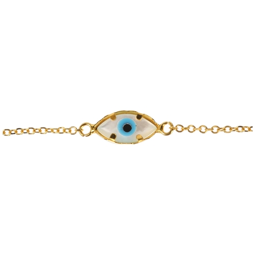 1244 - A modern 14ct gold mother-of-pearl 'Evil Eye' bracelet, 17cm, 0.8g