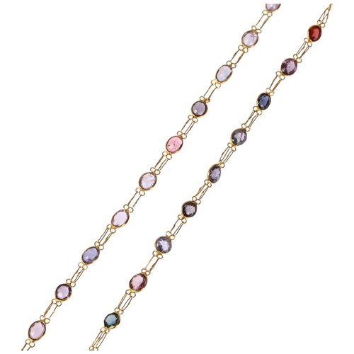 1247 - A 14ct gold vari-hue zircon graduated line necklace, rub-over set with oval mixed-cut zircons, 52cm,... 