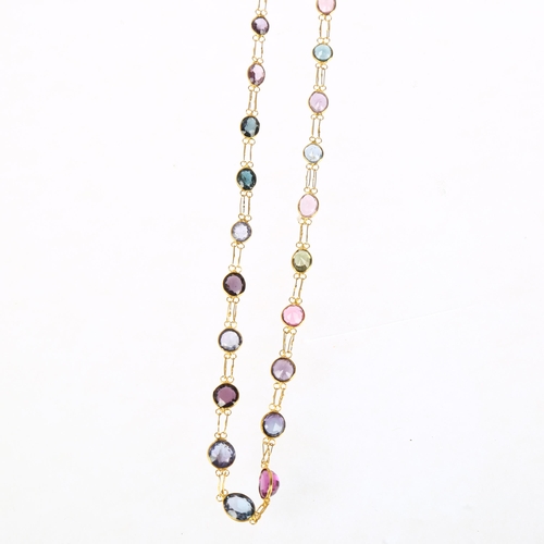 1247 - A 14ct gold vari-hue zircon graduated line necklace, rub-over set with oval mixed-cut zircons, 52cm,... 