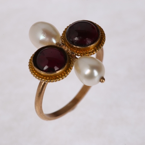 1248 - An Antique garnet and pearl Toi et Moi ring, unmarked gold closed-back settings with round cabochon ... 