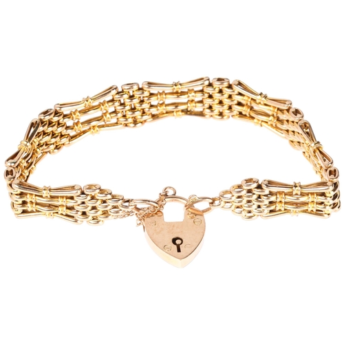 1249 - An early 20th century 9ct gold gatelink bracelet, with 9ct heart padlock clasp, 18cm, 18.1g