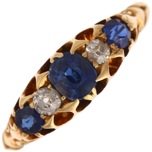 1256 - An early 20th century 18ct gold graduated five stone sapphire and diamond half hoop ring, maker L&L,... 