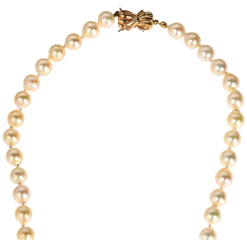 1258 - A single-strand cultured pearl bead necklace, with 9ct gold diamond clasp, 7.7mm pearls, 88cm, 65.5g