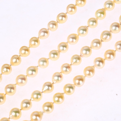 1258 - A single-strand cultured pearl bead necklace, with 9ct gold diamond clasp, 7.7mm pearls, 88cm, 65.5g