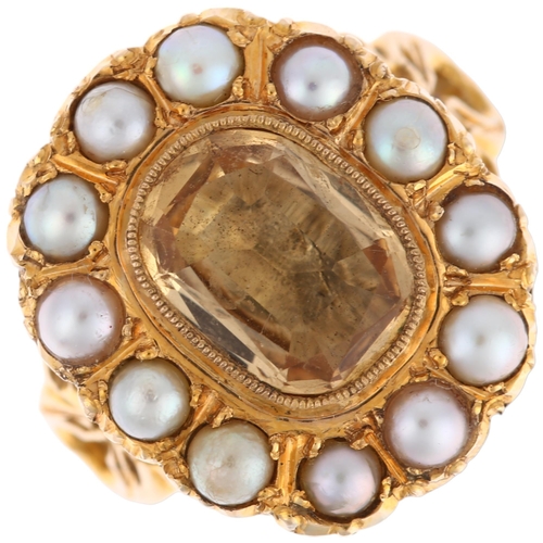 1260 - A Victorian foil-back citrine and split pearl oval cluster ring, rub-over set with oval mixed-cut ci... 