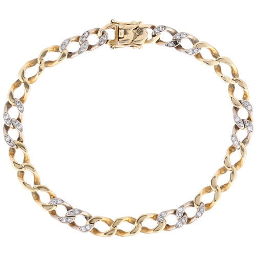 1265 - A 14ct two-colour gold diamond curb link chain bracelet, 20cm, 15.9g