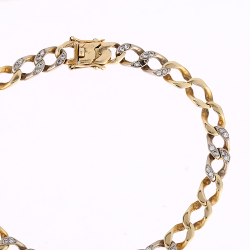 1265 - A 14ct two-colour gold diamond curb link chain bracelet, 20cm, 15.9g