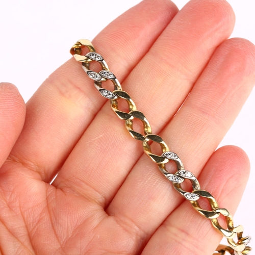 1265 - A 14ct two-colour gold diamond curb link chain bracelet, 20cm, 15.9g