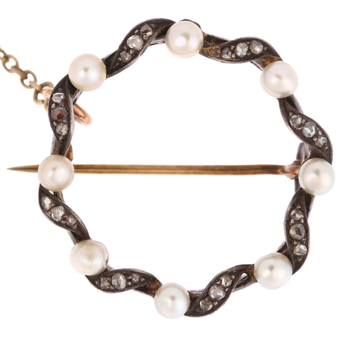 1267 - A Victorian whole pearl and diamond wreath brooch, circa 1900, unmarked gold and silver openwork set... 