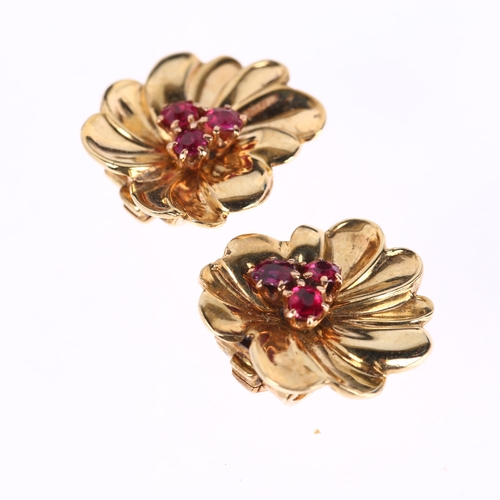 1268 - A pair of 9ct rose gold ruby flowerhead clip-on earrings, circa 1950s, 17.6mm, 6.4g