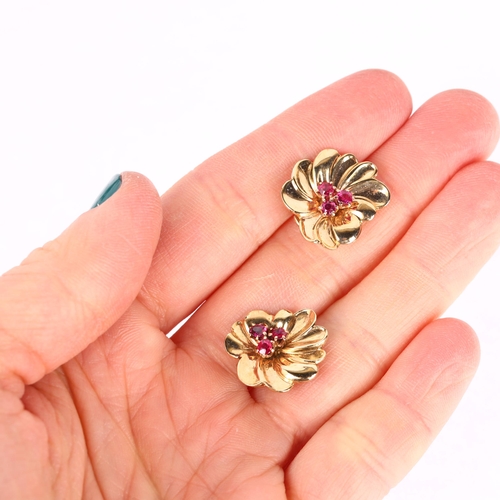 1268 - A pair of 9ct rose gold ruby flowerhead clip-on earrings, circa 1950s, 17.6mm, 6.4g