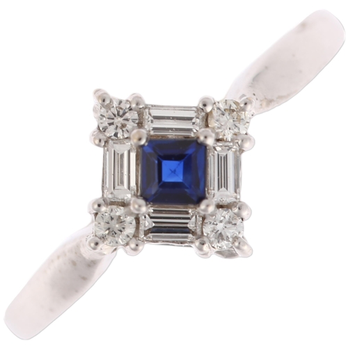 1269 - A modern 18ct white gold sapphire and diamond square cluster ring, set with square-cut sapphire and ... 