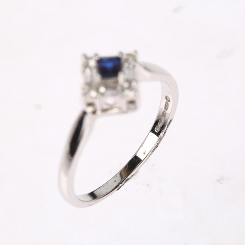 1269 - A modern 18ct white gold sapphire and diamond square cluster ring, set with square-cut sapphire and ... 