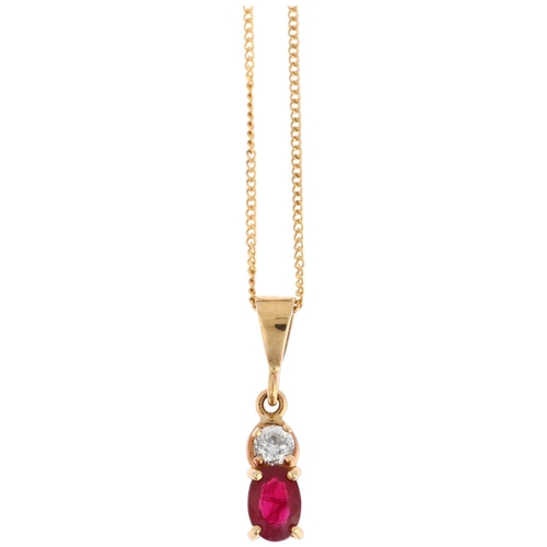 1270 - A ruby and diamond drop pendant necklace, unmarked gold, claw set with 0.5ct oval mixed-cut ruby and... 