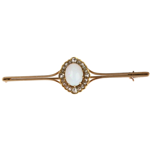 1271 - A Victorian 15ct gold opal and diamond cluster bar brooch, the central oval cluster claw set with ov... 