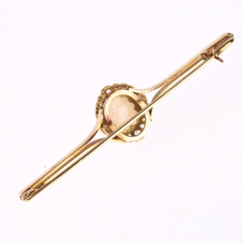 1271 - A Victorian 15ct gold opal and diamond cluster bar brooch, the central oval cluster claw set with ov... 