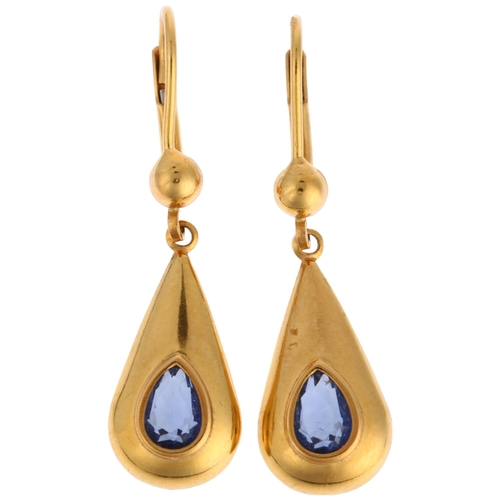 1272 - A pair of 18ct gold Ceylon sapphire drop earrings, rub-over set with pear-cut sapphires and lever-ba... 