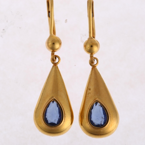 1272 - A pair of 18ct gold Ceylon sapphire drop earrings, rub-over set with pear-cut sapphires and lever-ba... 