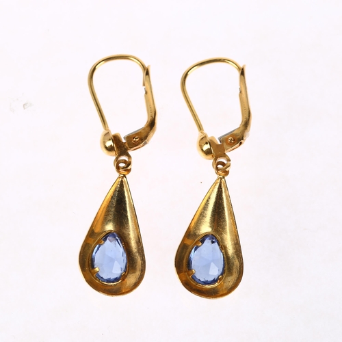 1272 - A pair of 18ct gold Ceylon sapphire drop earrings, rub-over set with pear-cut sapphires and lever-ba... 