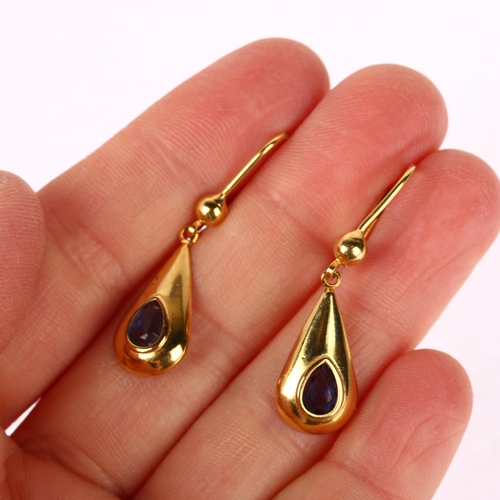 1272 - A pair of 18ct gold Ceylon sapphire drop earrings, rub-over set with pear-cut sapphires and lever-ba... 