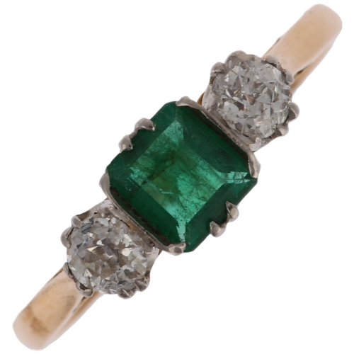 1273 - An 18ct gold three stone emerald and diamond ring, platinum-topped, claw set with 0.25ct rectangular... 