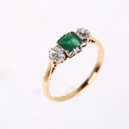 1273 - An 18ct gold three stone emerald and diamond ring, platinum-topped, claw set with 0.25ct rectangular... 