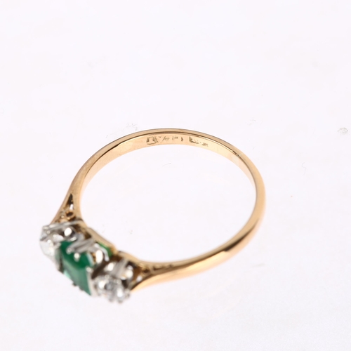 1273 - An 18ct gold three stone emerald and diamond ring, platinum-topped, claw set with 0.25ct rectangular... 