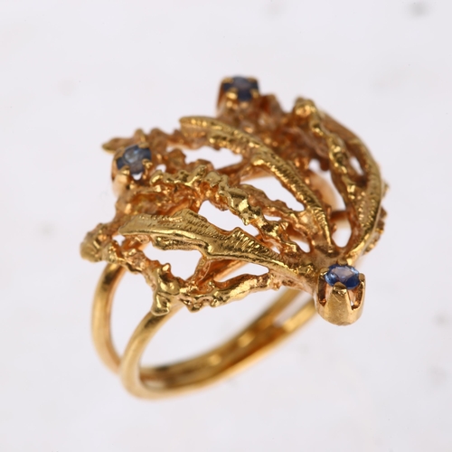 1278 - An 18ct gold sapphire naturalistic abstract ring, setting height 19.7mm, size H/I, 5.2g