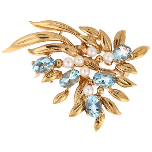 1282 - A 9ct gold blue topaz and cultured pearl floral spray brooch, maker C&F, 37.9mm, 5.7g