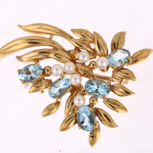 1282 - A 9ct gold blue topaz and cultured pearl floral spray brooch, maker C&F, 37.9mm, 5.7g