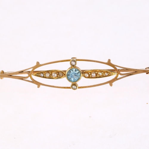 1285 - An Edwardian 15ct gold blue paste and pearl openwork brooch, 59.8mm, 4.3g