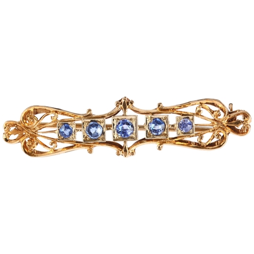 1286 - An Edwardian five stone sapphire openwork brooch, unmarked gold settings, 52.4mm, 5.4g