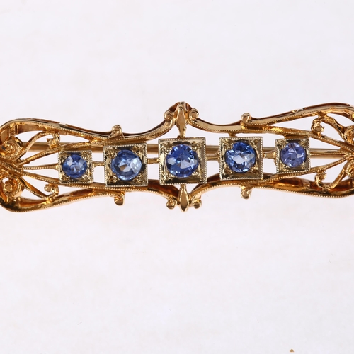 1286 - An Edwardian five stone sapphire openwork brooch, unmarked gold settings, 52.4mm, 5.4g