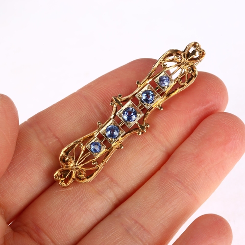 1286 - An Edwardian five stone sapphire openwork brooch, unmarked gold settings, 52.4mm, 5.4g