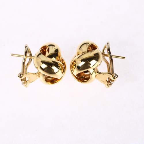 1289 - A pair of late 20th century 18ct gold knot earrings, maker BC Ltd, Sheffield 1998, with clip and pos... 