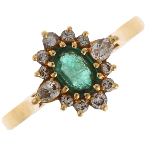 1290 - An 18ct gold emerald and diamond oval cluster ring, maker ST, London 1988, claw set with oval mixed-... 