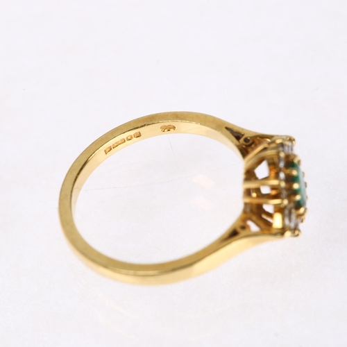 1290 - An 18ct gold emerald and diamond oval cluster ring, maker ST, London 1988, claw set with oval mixed-... 